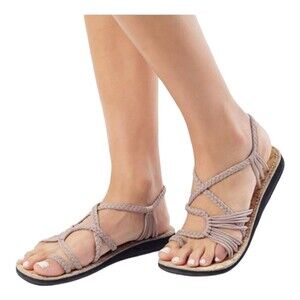 Plaka Palm Leaf Flat Women's Sandals Cork Insole Beige Size 7